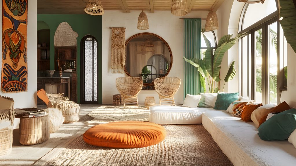 Mediterrane woontrend 2026 met rotan stoelen, grote ronde spiegel, terracotta accenten en natuurlijke materialen.