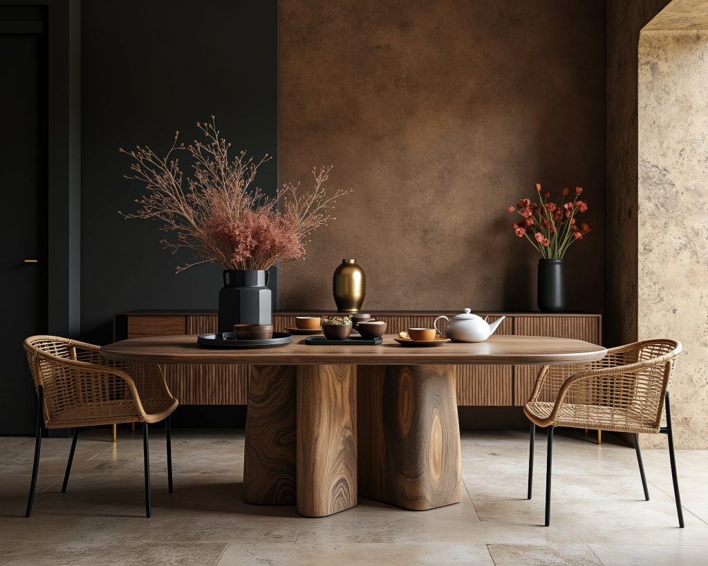 Woontrend 2026 donkere natuurlijke eetkamer met organische houten tafel, zwarte wand en rieten stoelen.