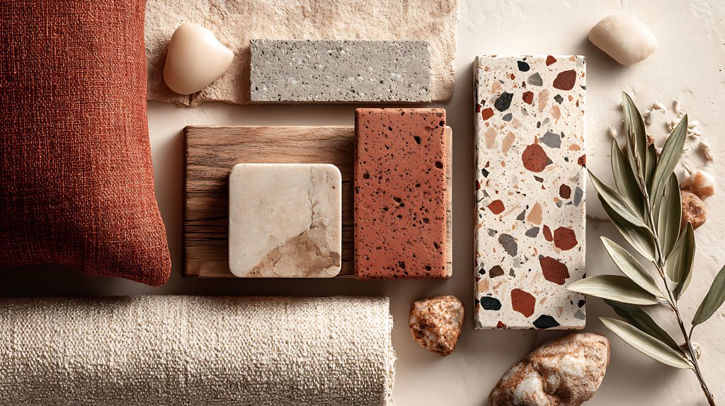 Materialentrends 2026: terrazzo, natuursteen, warme stoffen en hout in een professioneel interieur moodboard.