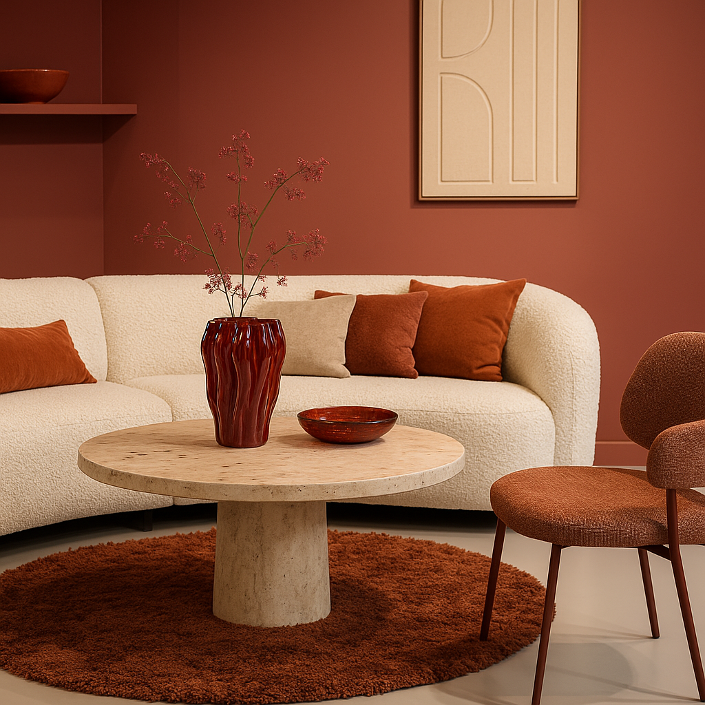 ontrend 2026 rust en roest: ronde vormen, warme roesttinten en zachte materialen in een moderne zithoek. Burgundy 